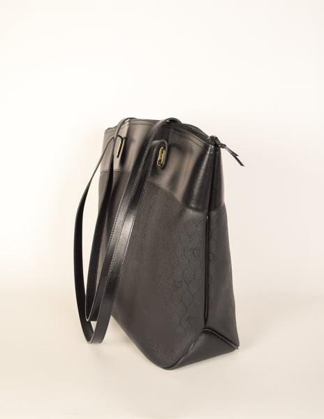 Christian Dior Vintage Black Honeycomb Canvas and Leather Large Shoulder Tote Bag
