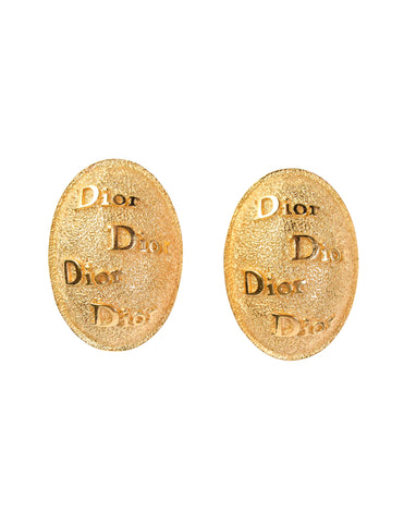 Christian Dior Vintage Logo Namesake Golden Textured Oversized Earrings