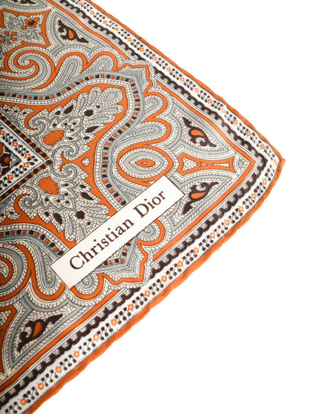 Christian Dior Vintage 1970s Orange Mint Black Intricate Paisley Print Silk Scarf