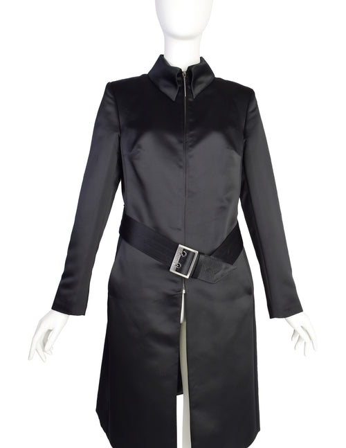 Dirk Bikkembergs Vintage AW 1997 Black Satin Belted Zip Front Coat