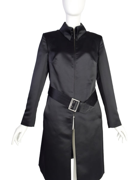 Dirk Bikkembergs Vintage AW 1997 Black Satin Belted Zip Front Coat