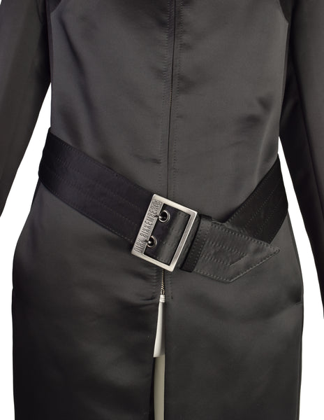 Dirk Bikkembergs Vintage AW 1997 Black Satin Belted Zip Front Coat