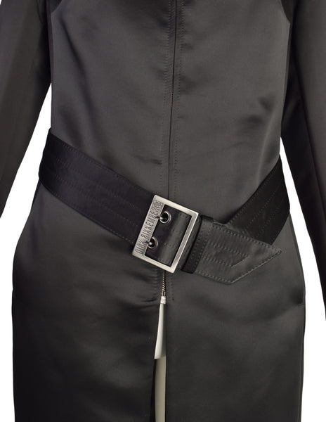 Dirk Bikkembergs Vintage AW 1997 Black Satin Belted Zip Front Coat