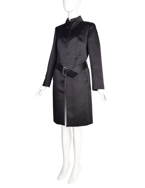 Dirk Bikkembergs Vintage AW 1997 Black Satin Belted Zip Front Coat