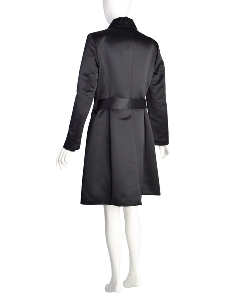 Dirk Bikkembergs Vintage AW 1997 Black Satin Belted Zip Front Coat