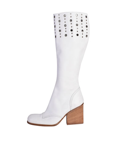 Dolce & Gabbana D&G Vintage White Leather Silver Grommet Knee High Heeled Boots