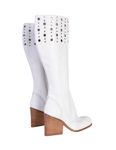 Dolce & Gabbana D&G Vintage White Leather Silver Grommet Knee High Heeled Boots