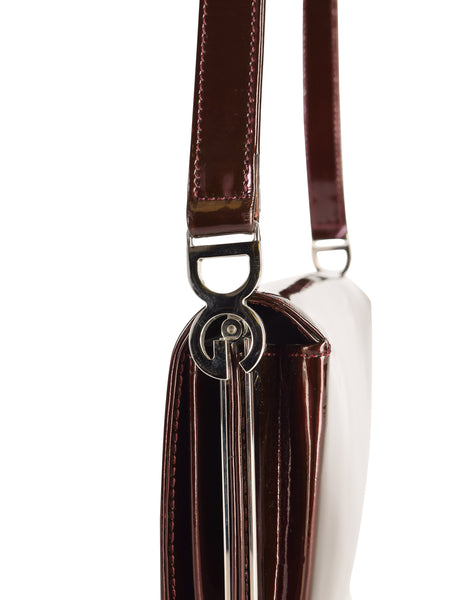 Dolce & Gabbana Vintage 1990s Burgundy Patent Leather Silver Logo Shoulder Bag