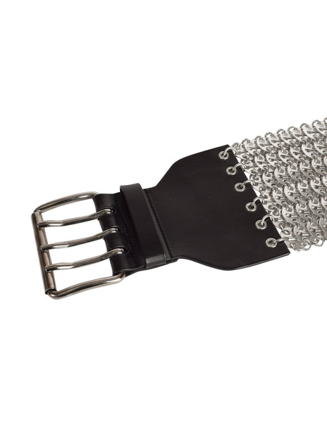Dolce & Gabbana Vintage Black Leather and Silver Tab Link Chain Wide Belt