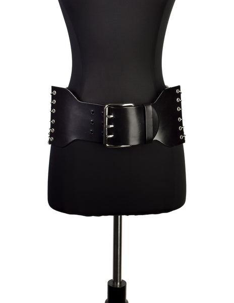 Dolce & Gabbana Vintage Black Leather and Silver Tab Link Chain Wide Belt