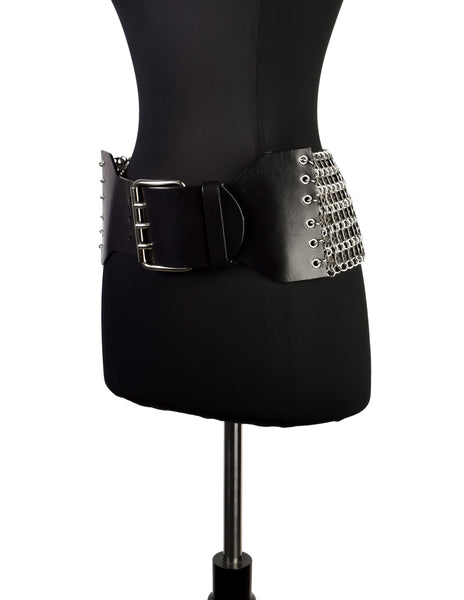 Dolce & Gabbana Vintage Black Leather and Silver Tab Link Chain Wide Belt