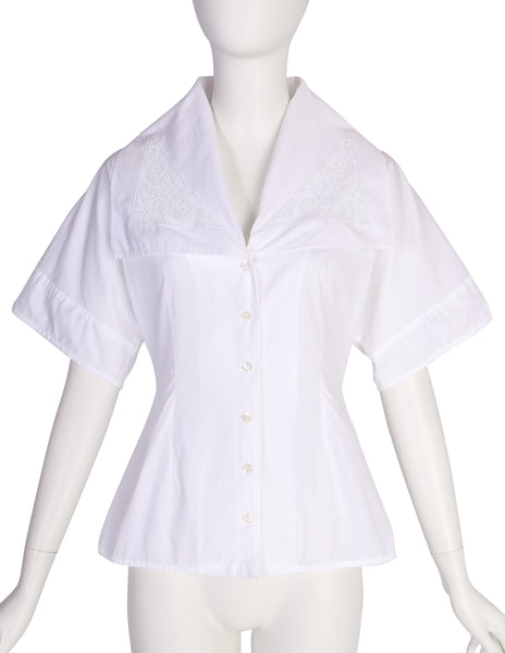 Early Dolce & Gabbana Vintage SS 1989 White Crochet Panel Dramatic Collar Button Up Shirt