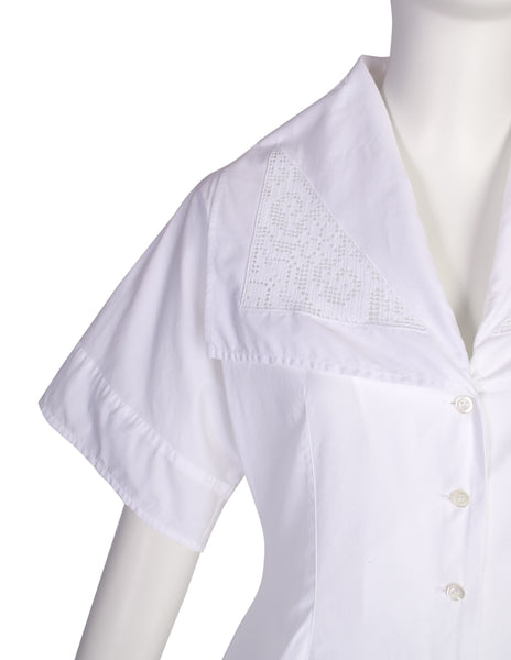 Early Dolce & Gabbana Vintage SS 1989 White Crochet Panel Dramatic Collar Button Up Shirt