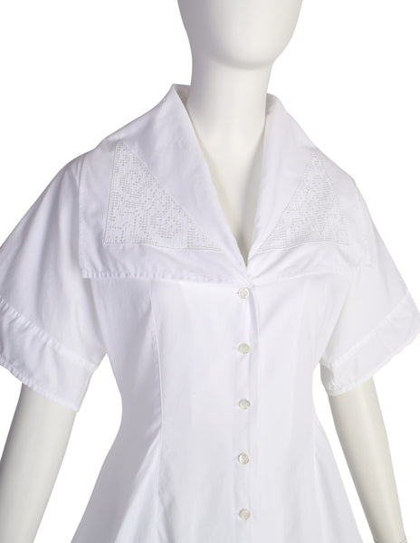 Early Dolce & Gabbana Vintage SS 1989 White Crochet Panel Dramatic Collar Button Up Shirt