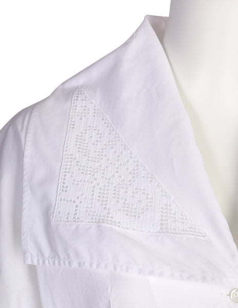 Early Dolce & Gabbana Vintage SS 1989 White Crochet Panel Dramatic Collar Button Up Shirt