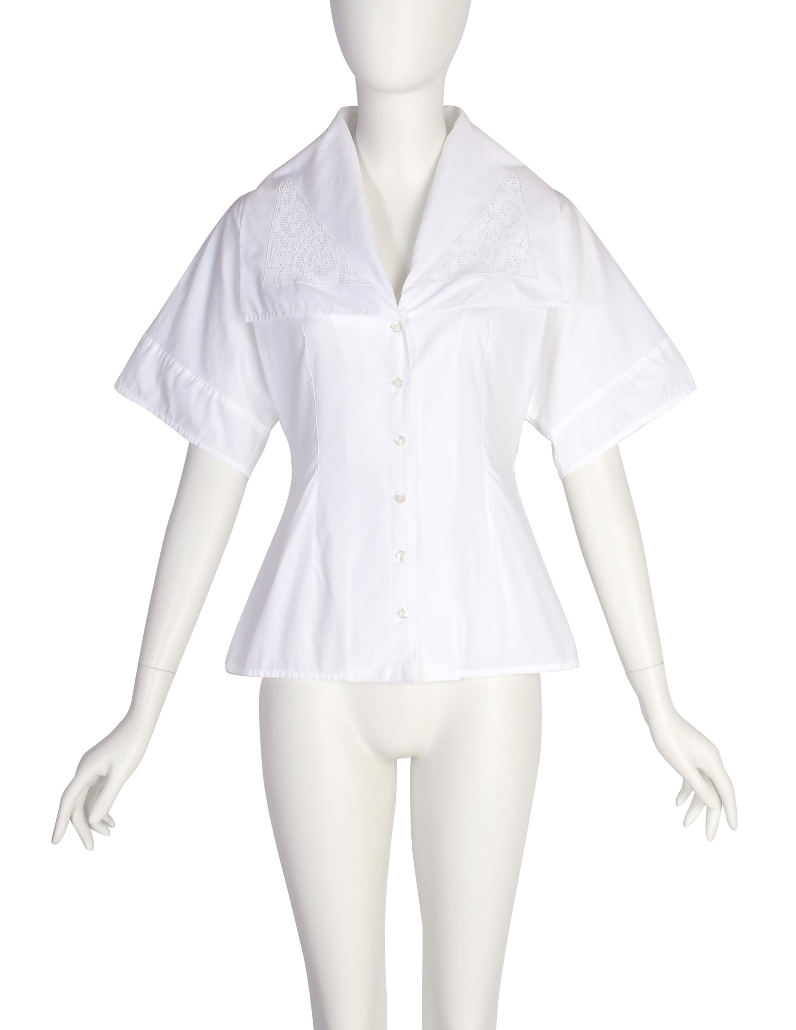 Early Dolce & Gabbana Vintage SS 1989 White Crochet Panel Dramatic Collar Button Up Shirt