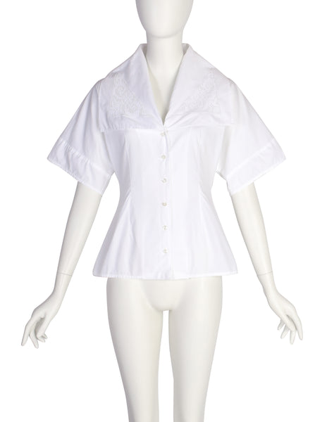 Early Dolce & Gabbana Vintage SS 1989 White Crochet Panel Dramatic Collar Button Up Shirt