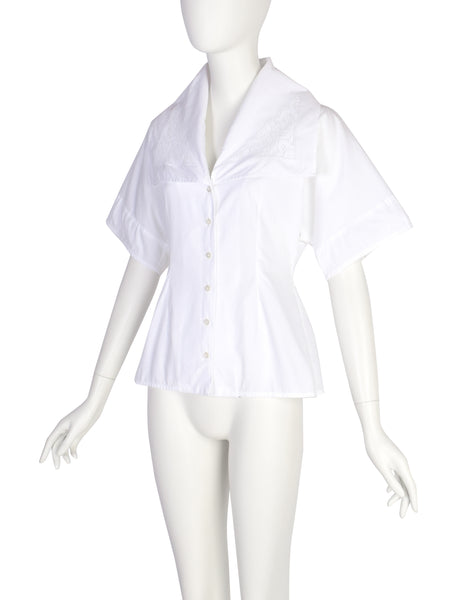 Early Dolce & Gabbana Vintage SS 1989 White Crochet Panel Dramatic Collar Button Up Shirt