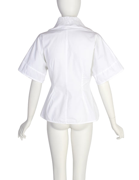 Early Dolce & Gabbana Vintage SS 1989 White Crochet Panel Dramatic Collar Button Up Shirt