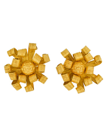 Dominique Aurientis Vintage Gold Curled Ribbon Bow Chrysanthemum Massive Oversized Earrings