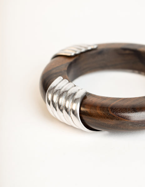 Dominique Aurientis Vintage Dark Wood Sterling Silver Bangle Bracelet