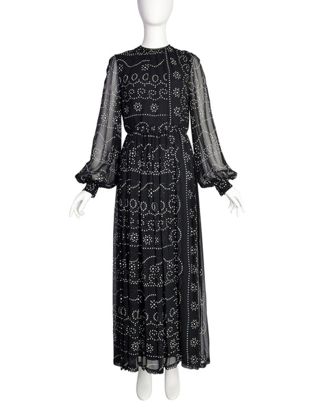 Donald Brooks Vintage Black White Dot Print Chiffon Bishop Sleeve Gown Dress