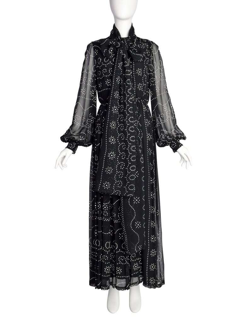 Donald Brooks Vintage Black White Dot Print Chiffon Bishop Sleeve Gown Dress Donald Brooks Vintage Black White Dot Print Chiffon Bishop Sleeve Gown Dress