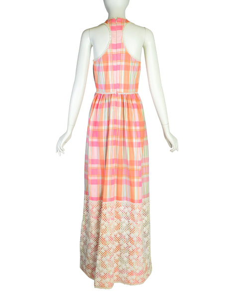 Donald Brooks Vintage Pink Multicolor Plaid Floral Embroidered Halter Dress with Matching Shawl