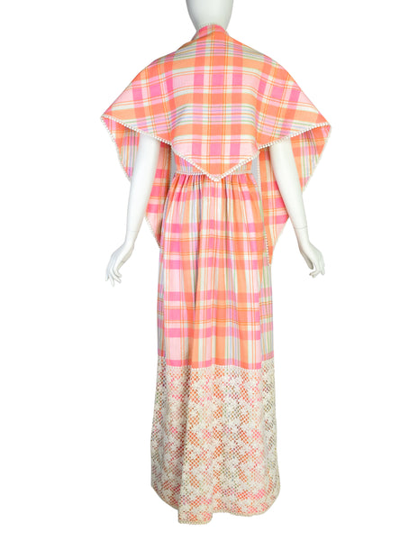 Donald Brooks Vintage Pink Multicolor Plaid Floral Embroidered Halter Dress with Matching Shawl