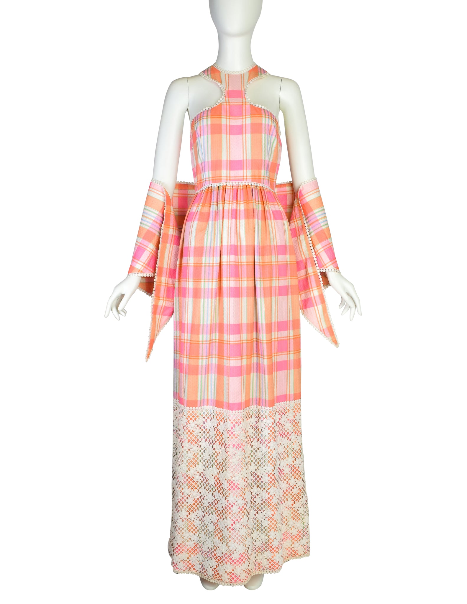 Donald Brooks Vintage Pink Multicolor Plaid Floral Embroidered Halter Dress with Matching Shawl