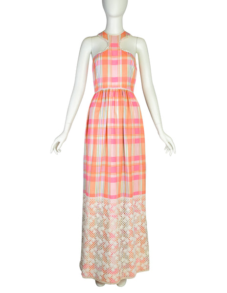 Donald Brooks Vintage Pink Multicolor Plaid Floral Embroidered Halter Dress with Matching Shawl
