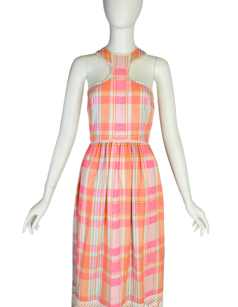 Donald Brooks Vintage Pink Multicolor Plaid Floral Embroidered Halter Dress with Matching Shawl