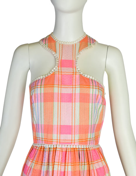 Donald Brooks Vintage Pink Multicolor Plaid Floral Embroidered Halter Dress with Matching Shawl
