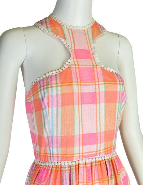 Donald Brooks Vintage Pink Multicolor Plaid Floral Embroidered Halter Dress with Matching Shawl