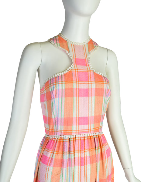 Donald Brooks Vintage Pink Multicolor Plaid Floral Embroidered Halter Dress with Matching Shawl