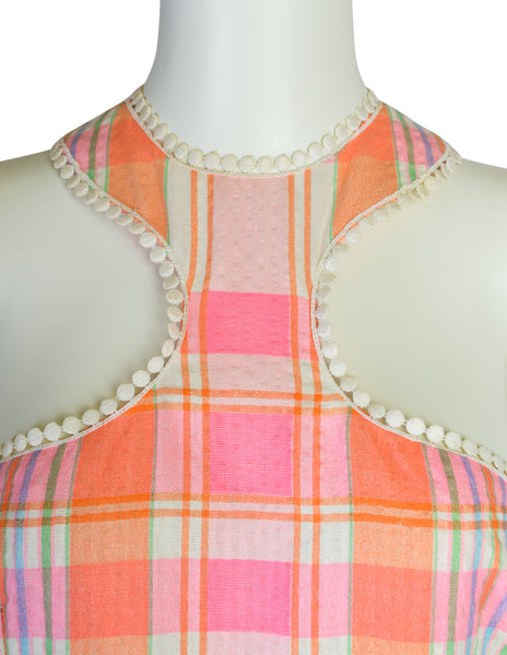 Donald Brooks Vintage Pink Multicolor Plaid Floral Embroidered Halter Dress with Matching Shawl