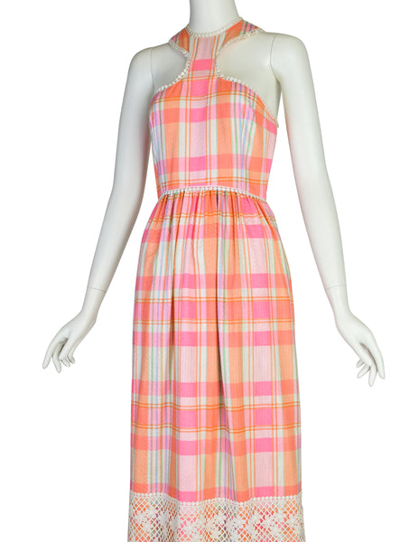 Donald Brooks Vintage Pink Multicolor Plaid Floral Embroidered Halter Dress with Matching Shawl