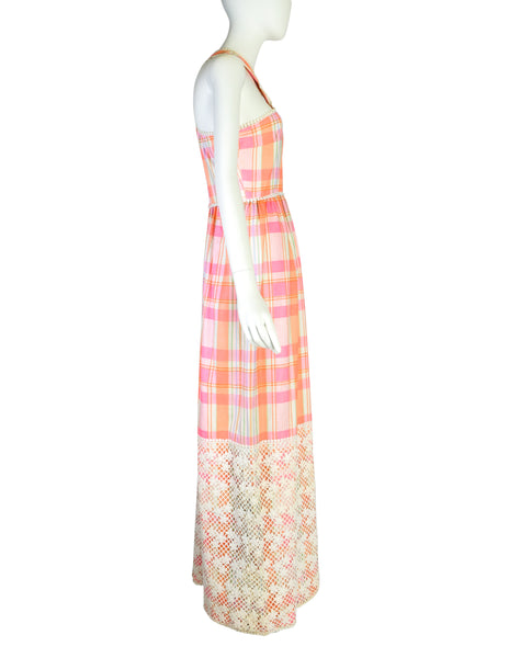 Donald Brooks Vintage Pink Multicolor Plaid Floral Embroidered Halter Dress with Matching Shawl