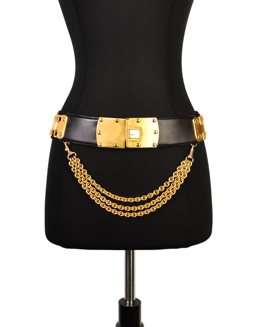 Chanel Vintage Black Leather Belt with Gold Toned Chain and CC Rue Cambon  Coin