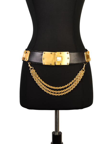 Donna Karan Vintage Black Leather Gold Plaque Chain Belt