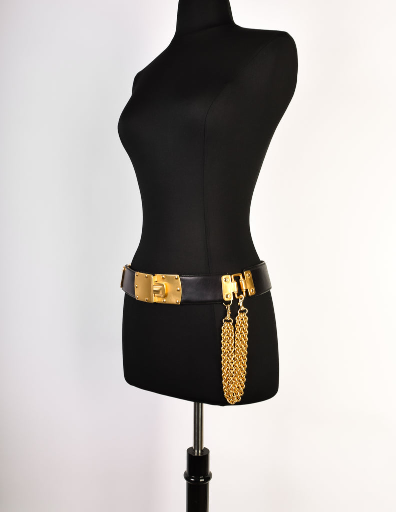 Donna Karan Vintage Black Leather Gold Plaque Chain Belt