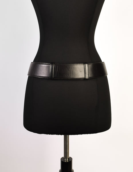 Donna Karan Vintage Black Leather Gold Plaque Chain Belt