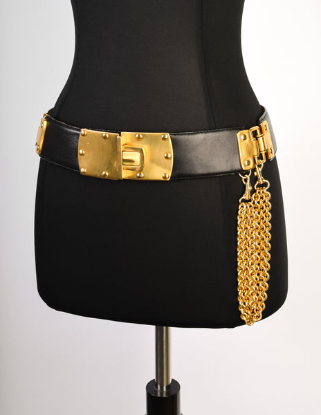 Donna Karan Vintage Black Leather Gold Plaque Chain Belt