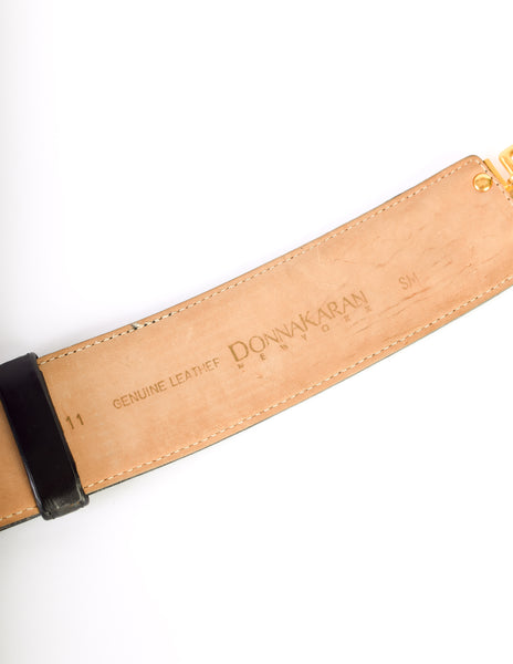 Donna Karan Vintage Black Leather Gold Plaque Chain Belt