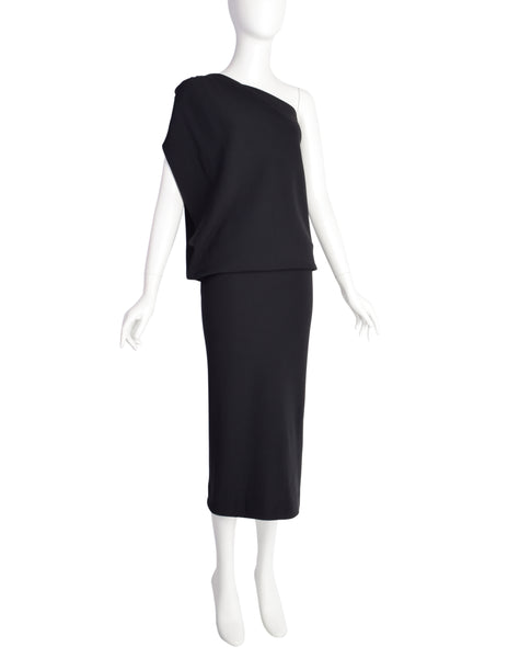 Donna Karan Vintage 1990s Black Rayon Twisted One Shoulder Gown Dress