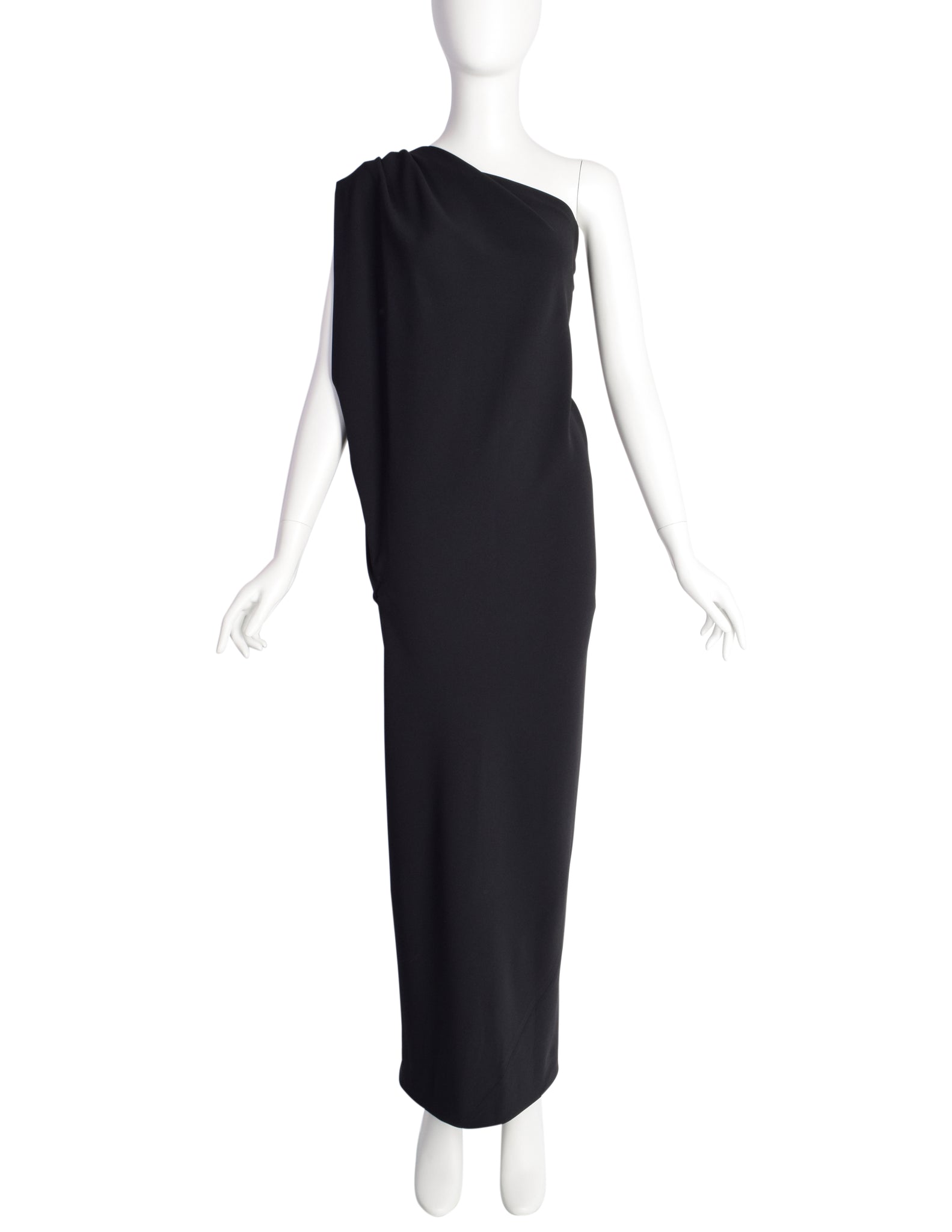 Donna Karan Vintage 1990s Black Rayon Twisted One Shoulder Gown Dress