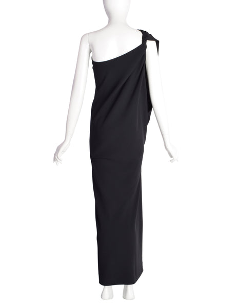 Donna Karan Vintage 1990s Black Rayon Twisted One Shoulder Gown Dress