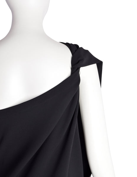 Donna Karan Vintage 1990s Black Rayon Twisted One Shoulder Gown Dress
