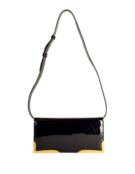 Donna Karan Vintage Black Patent Leather Gold Hardware Crossbody Clutch Bag