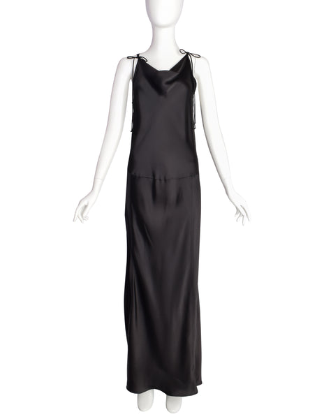 Donna Karan Vintage 1990s Black Bias Charmeuse Full Length Dress